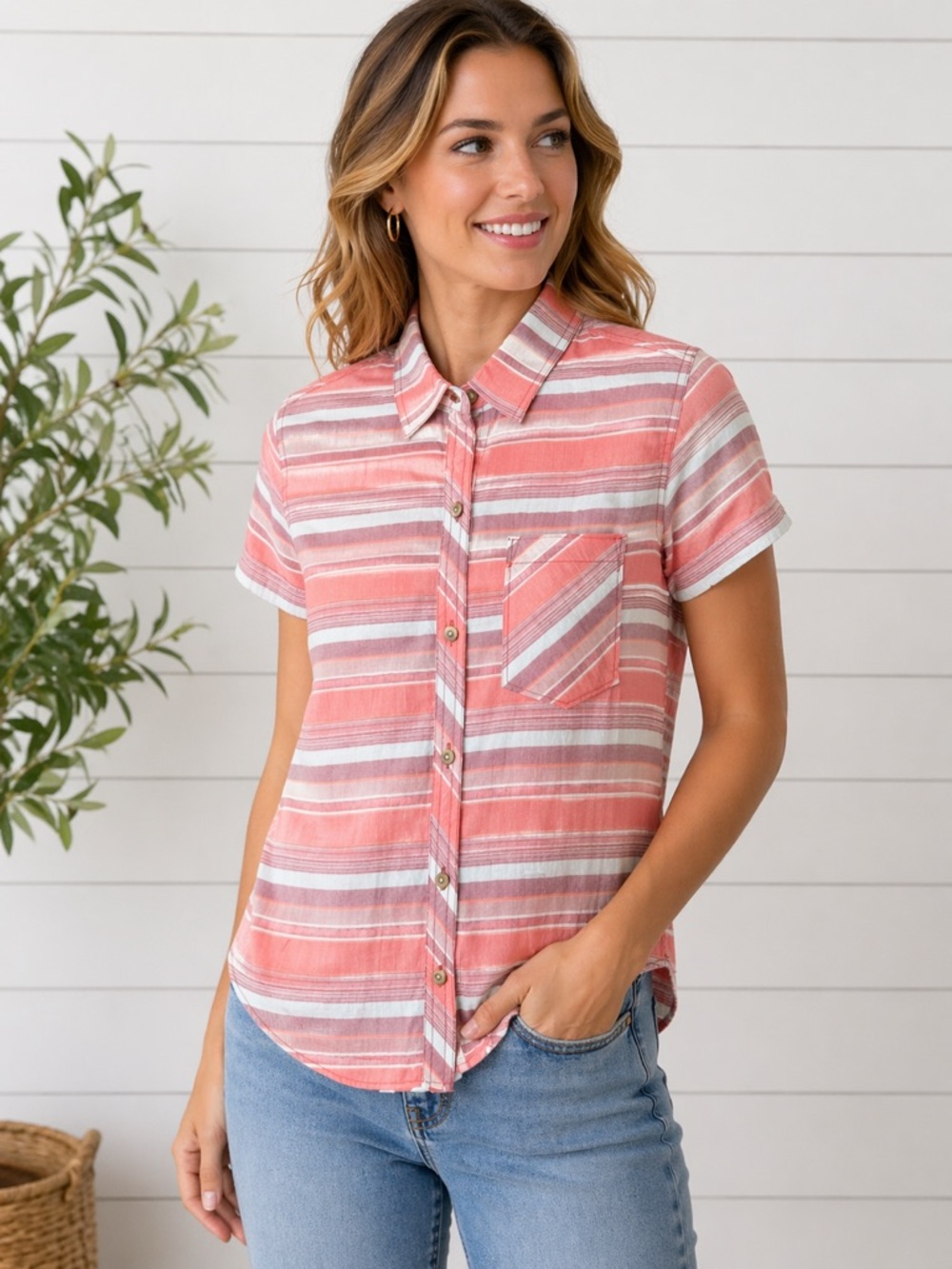 Woolrich Striped Button Front Shirt Small NWT Coral Western Pocket Top